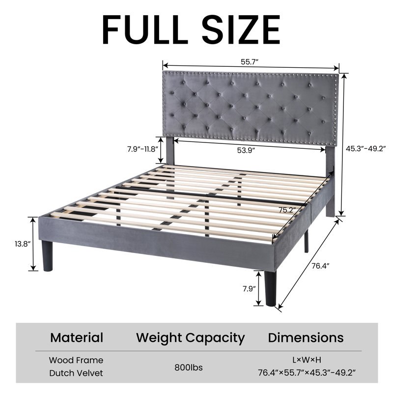 Lark Manor Aleiny Velvet Bed with Adjustable Upholstered Headboard